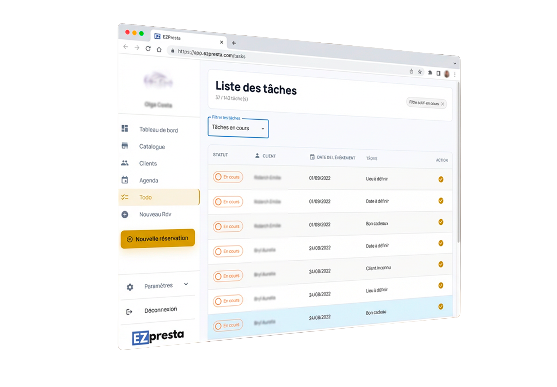 Capture d'écran EzPresta - suivi des rendez-vous