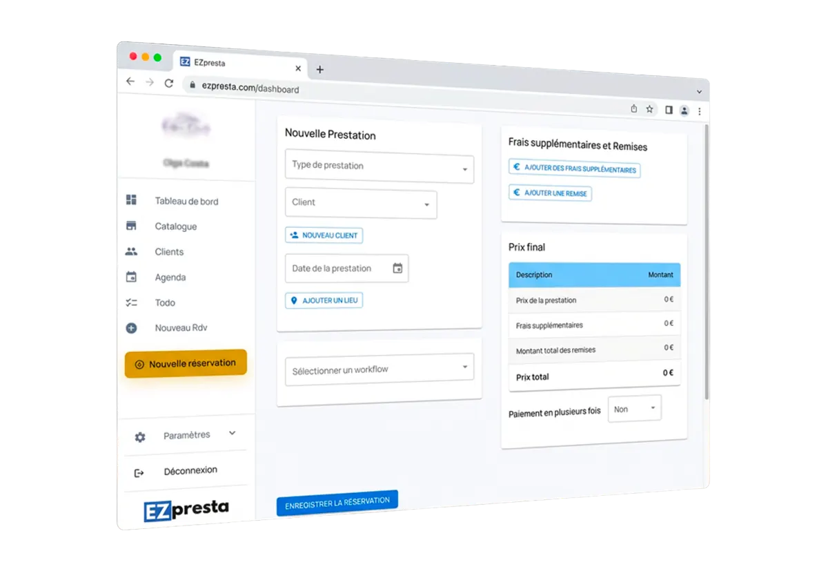 Capture d'écran EzPresta - gestion des prestations